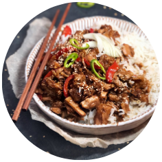 plate with chopsticks, rice, oriental jackfruit, chillies