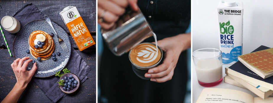 pancakes with pack oat milk, barista pours foam into coffee, glass of rice milk pile of books