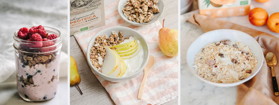 potje en kommetjes met ontbijtgranen en gedroogd fruit muesli